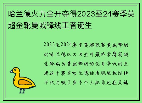 哈兰德火力全开夺得2023至24赛季英超金靴曼城锋线王者诞生 哈兰德火力全开夺得2023至24赛季英超金靴曼城锋线王者诞生